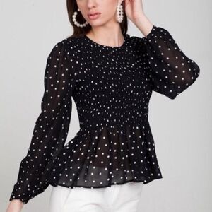 Zara Polka Dot Ruched Peplum Hem Sheer Blouse Shirt Black Large Balloon Sleeve